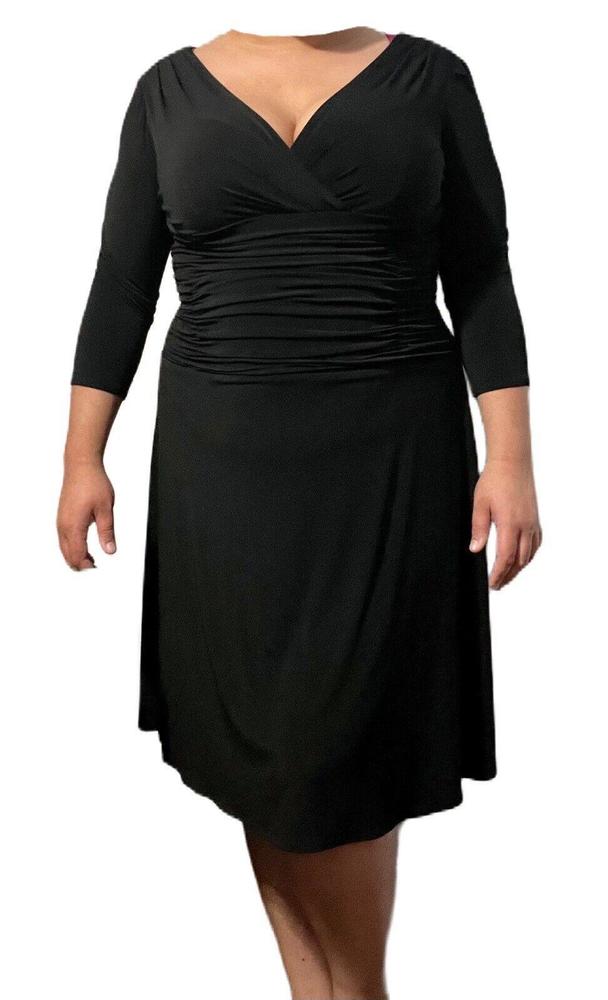 Dress Barn Black Deep V Ruched Shirring Gathered Wrap Dress 16